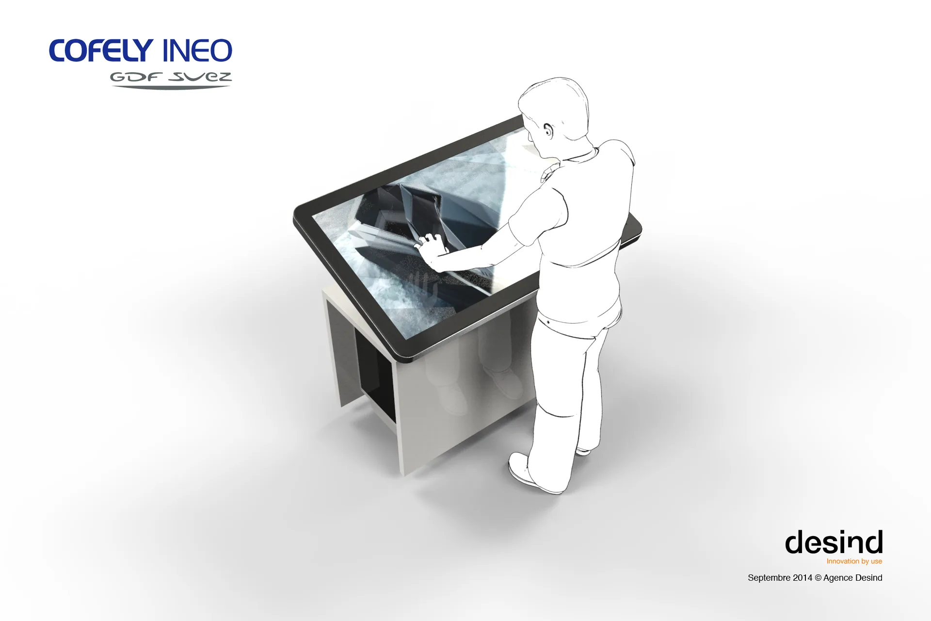 Table numérique centrale pilotant le mur d’images du showroom Engie INEO
