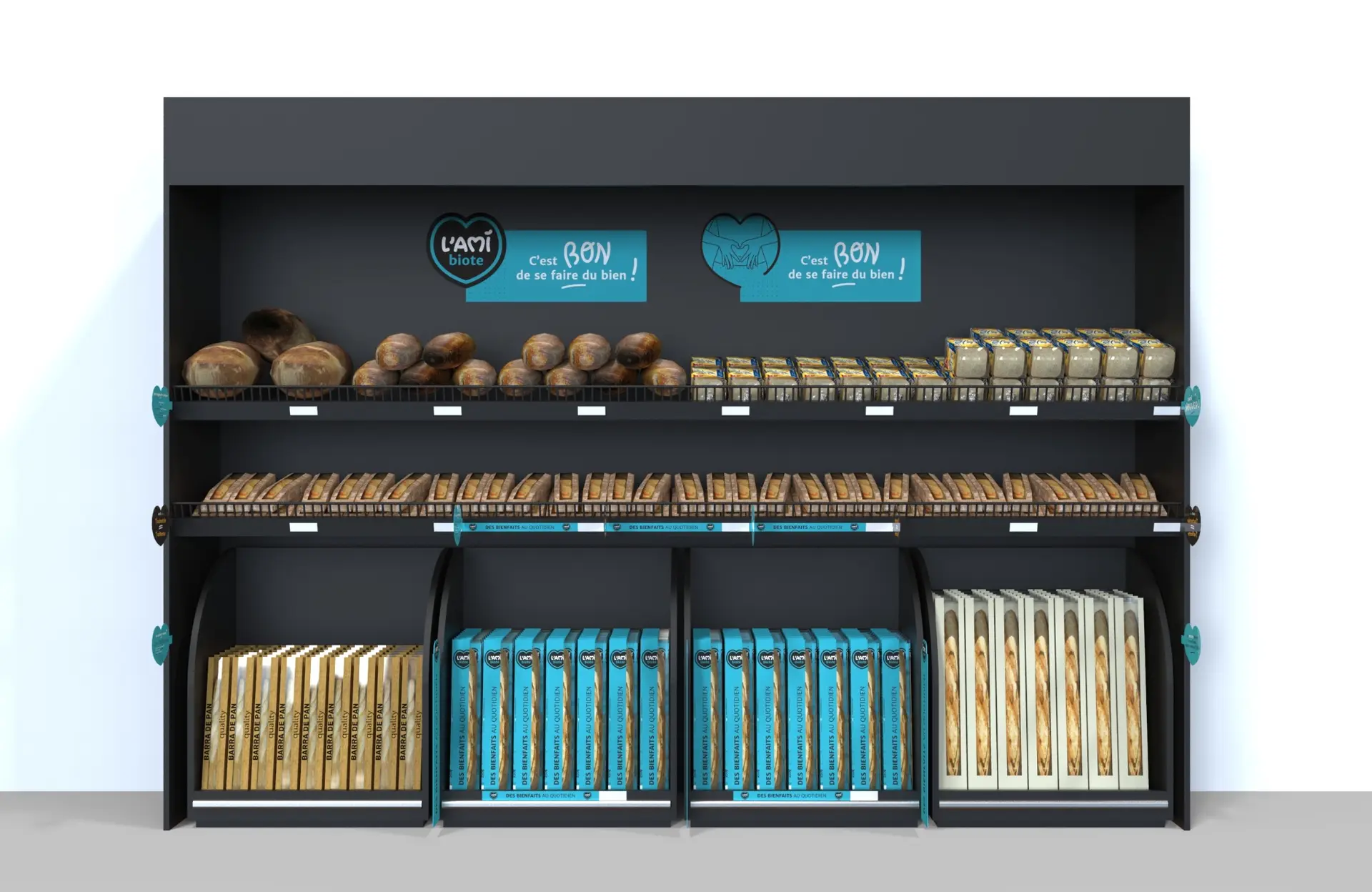 Vue de conception du mobilier de merchandising L’Ami Biote
