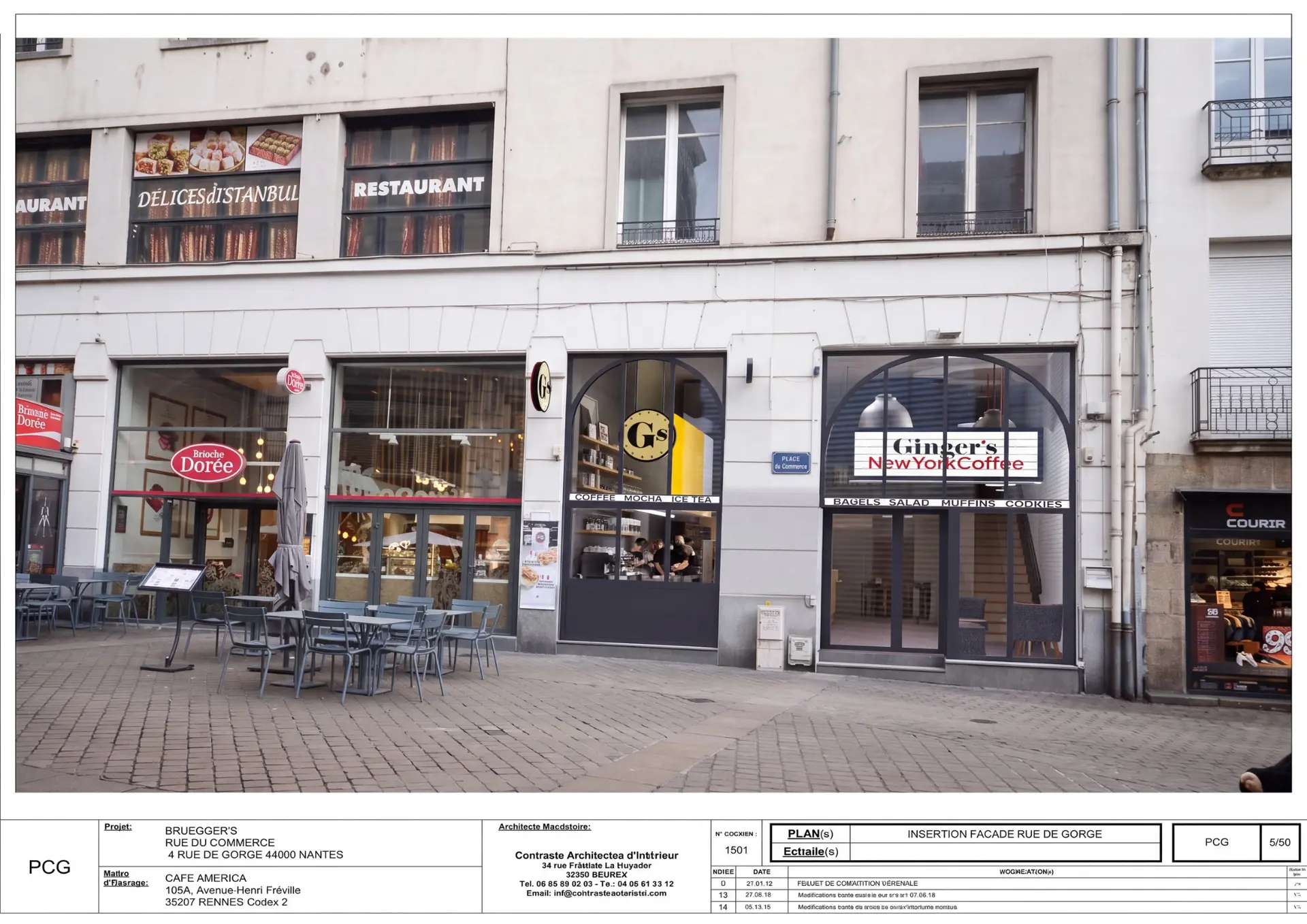 Insertion de la façade Ginger’s New York Coffee rue du Commerce à Nantes