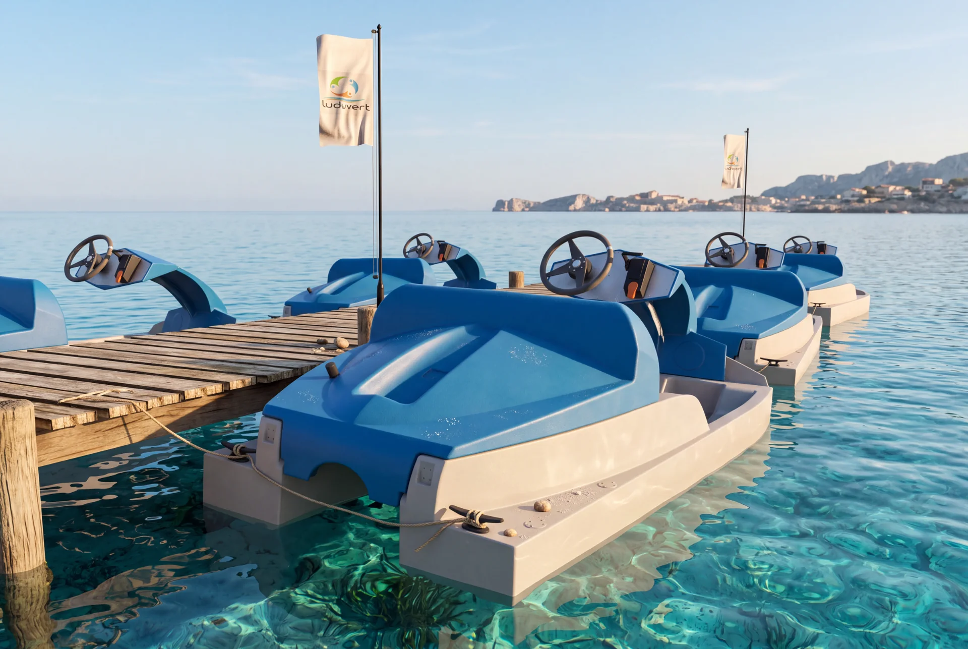 GULL-E : image de synthèse des catamarans électriques Ludyvert amarrés à un ponton