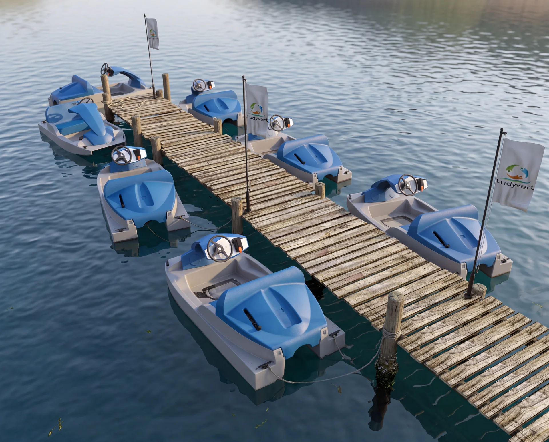 GULL-E : vue d’intégration en image de synthèse d’une flotte de catamarans autour d’un ponton