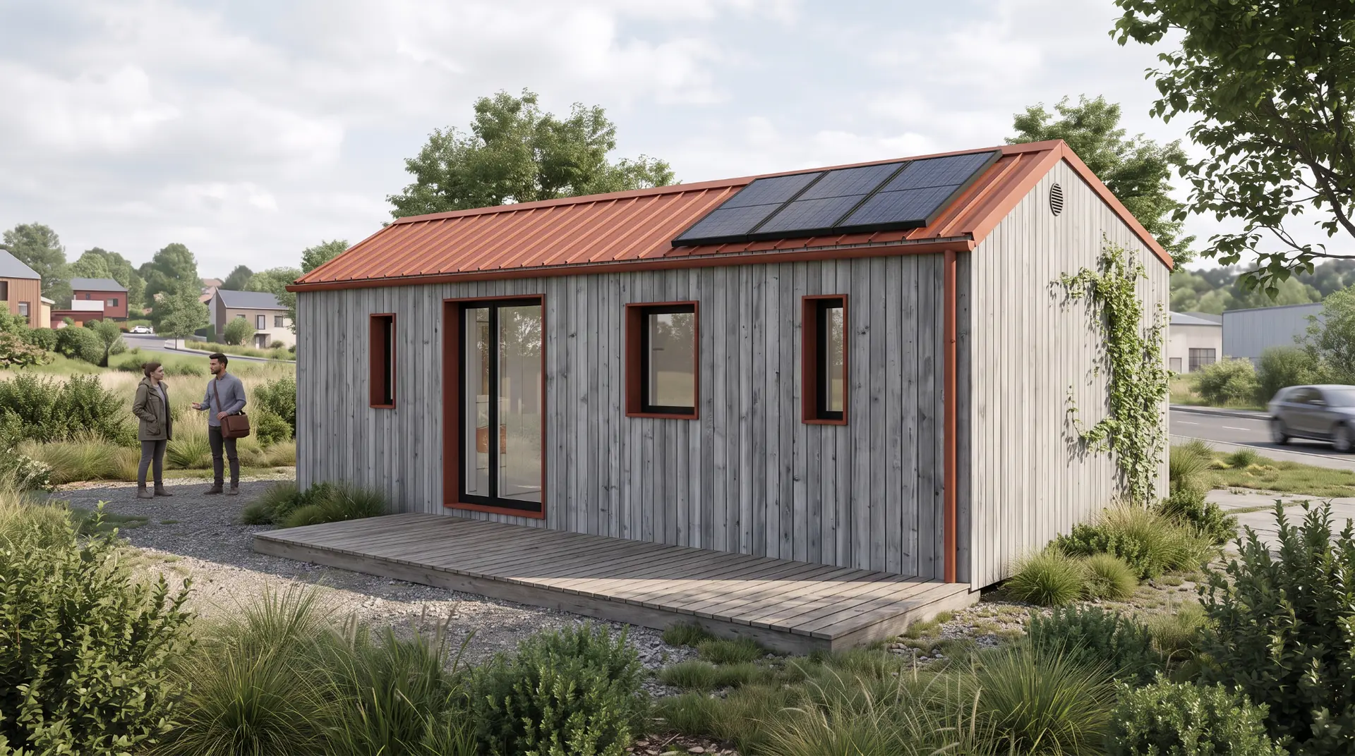 Re-Sourcé : projection architecturale du module avec bardage gris et toiture rouge