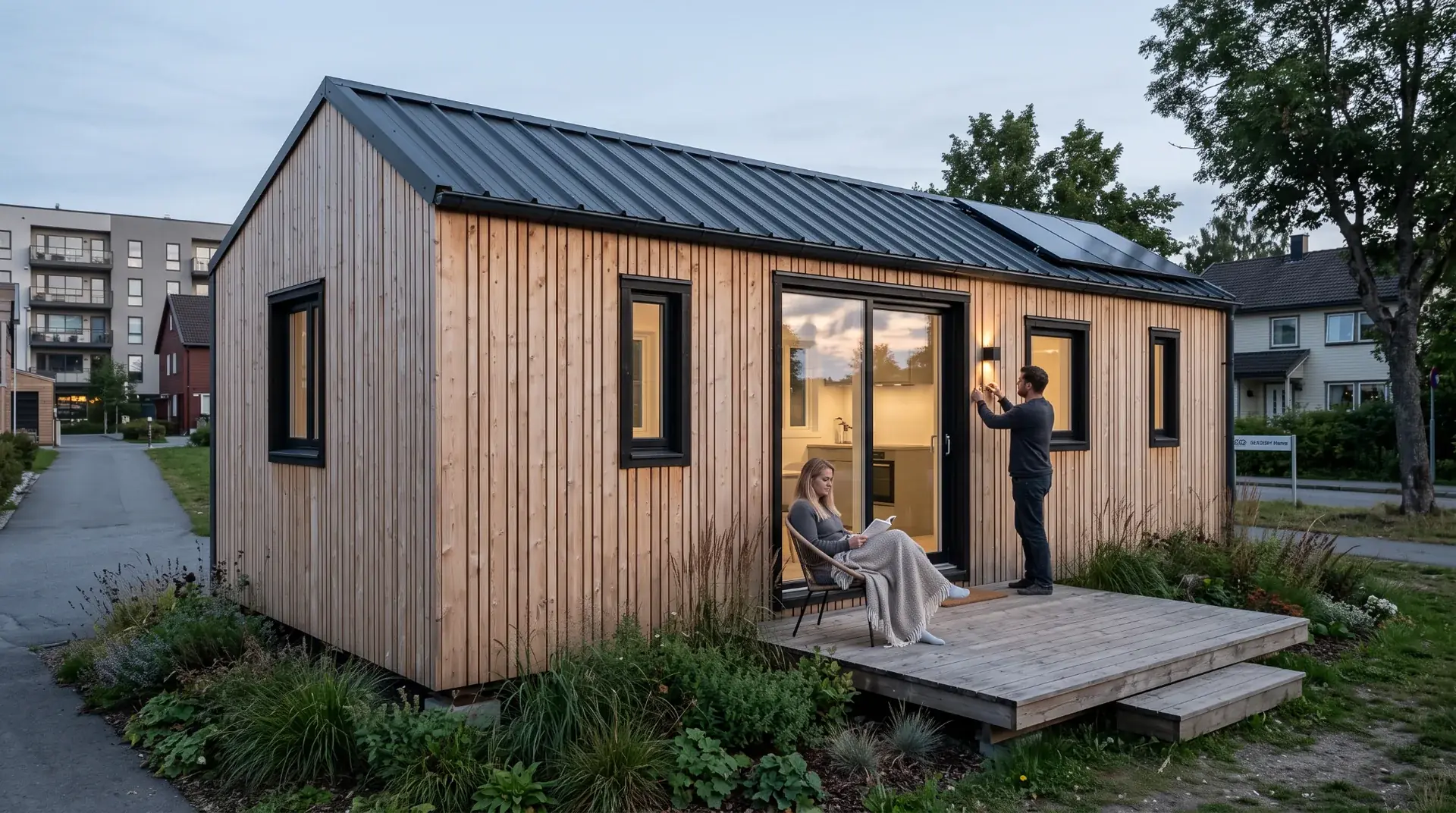 Re-Sourcé : image de synthèse du logement en bardage bois, terrasse et éclairage extérieur