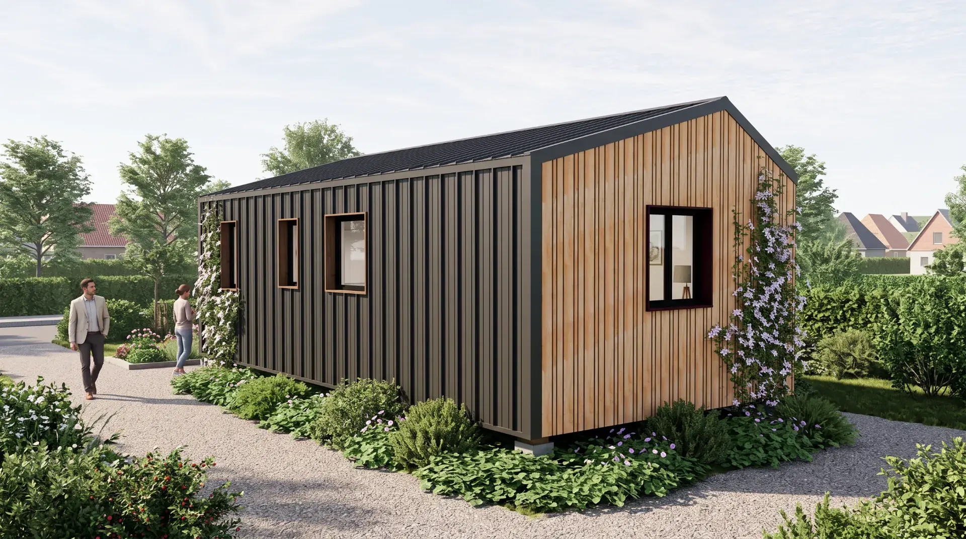 Re-Sourcé : image de synthèse des façades en bardage bois et métal sombre