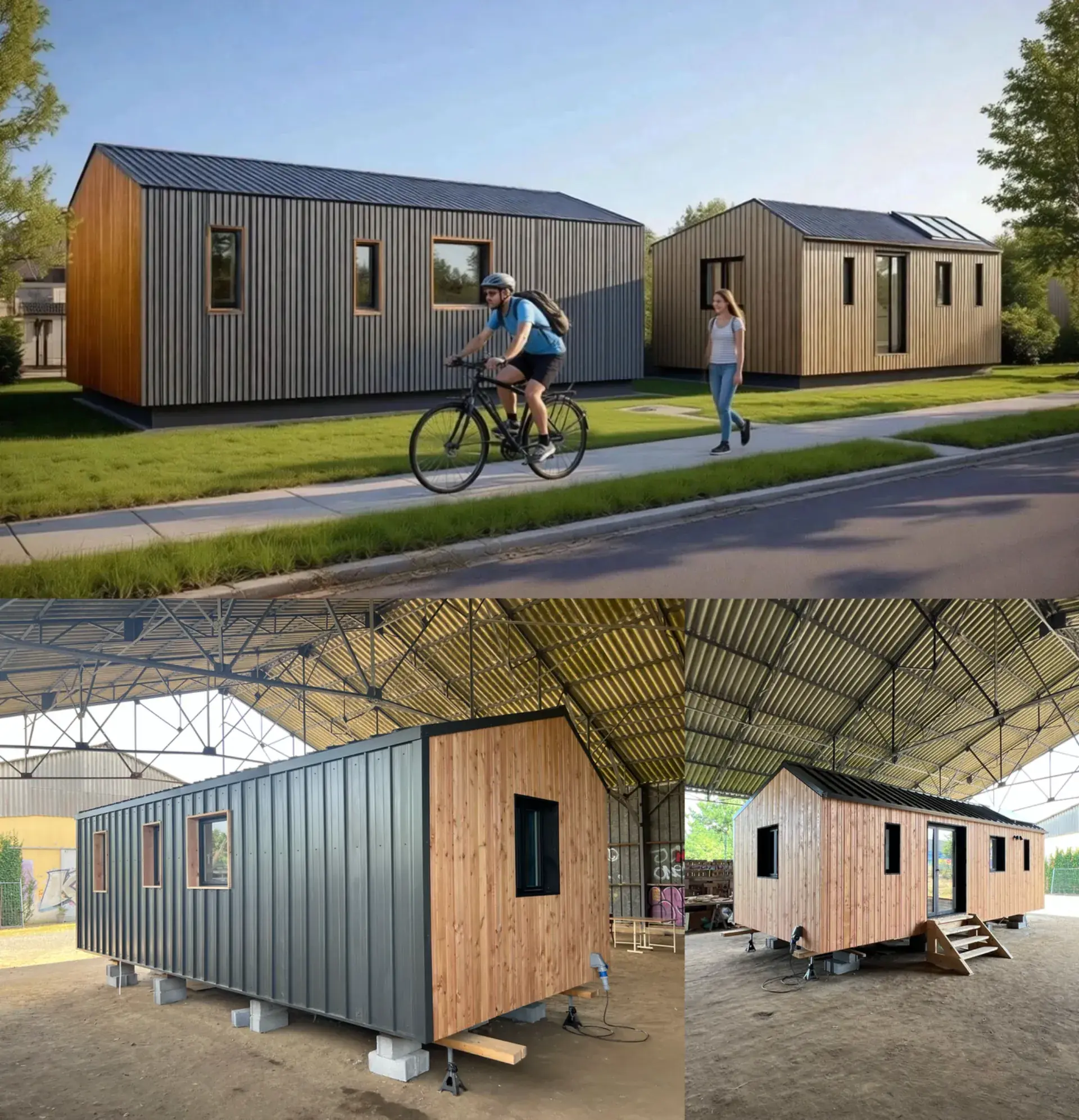 Re-Sourcé : montage associant une projection d’implantation en haut et les photographies des modules sous hangar en bas